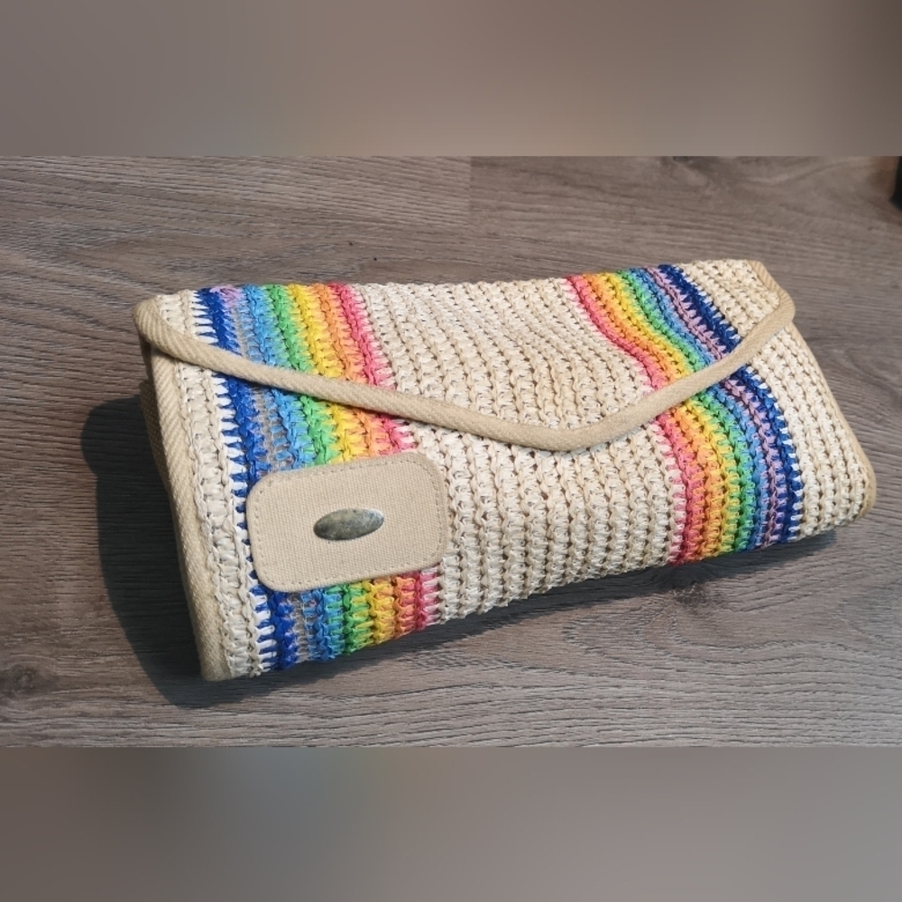 Vintage Rainbow Colored Off White Crochet Raffia Clutch Purse Bag